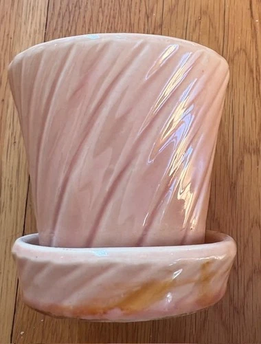 Midcentury McCoy Small Planter Pot Swirl Pattern w/ Attached Saucer Peach Pink