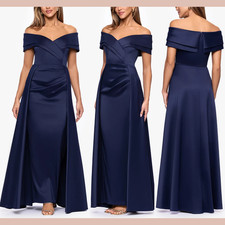 NWT $299 XSCAPE [ 8 ] TINA Makado Off The shoulder Overlay Gown Navy Blue #Q1269