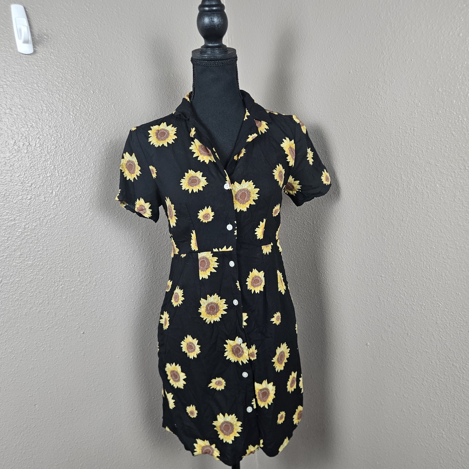 Vtg 90s Grunge Sunflower Print Mini Dress S Black Floral Witchy Dark Romance