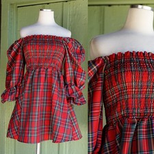 Red Plaid Fit and Flare Mini Dress with Puff Sleeve Medium