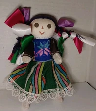 Vintage Mexican Rag Doll Colorful Dress Braided Hair Folk Art Souvenir 8" doll