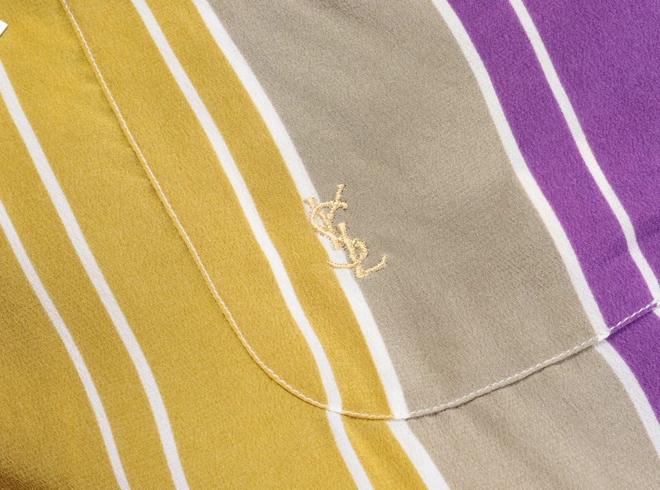 NUEVO CON ETIQUETAS Auténtica CAMISA YVES SAINT LAURENT seda pura amarillo púrpura lujo Italia 41 16 Foto 4 de 4