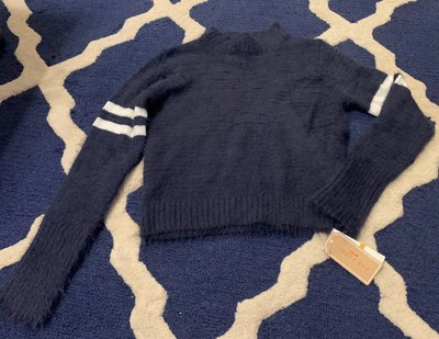Juniors Copper Key Navy Fuzzy Cropped Sweater Sz S NWT