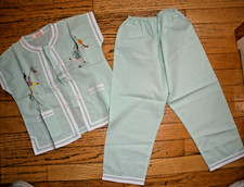 Vintage Chinese Kimono Plum Blossoms Kids Clothing Size 6/8 Green Pajama Outfit