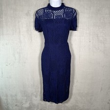SHEIN Women’s Navy Blue Lace Top Mock Neck Bodycon Midi Sheath Slit Dress Large