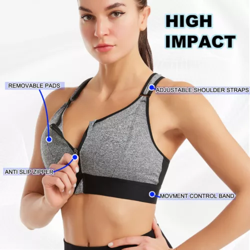Women Zip Front Sports Bra High Impact Adjustable Full Support Padded Yoga Bra - Picture 6 of 31