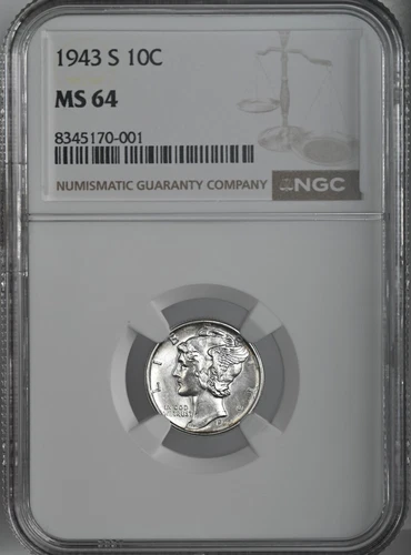 1943-S  10C  MERCURY SILVER DIME  "SAN FRANCISCO MINT"  NGC MS64 #8345170-001