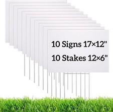 10 Pack Blank Yard Signs with H Metal Stakes, Real Estate Garage Sale White