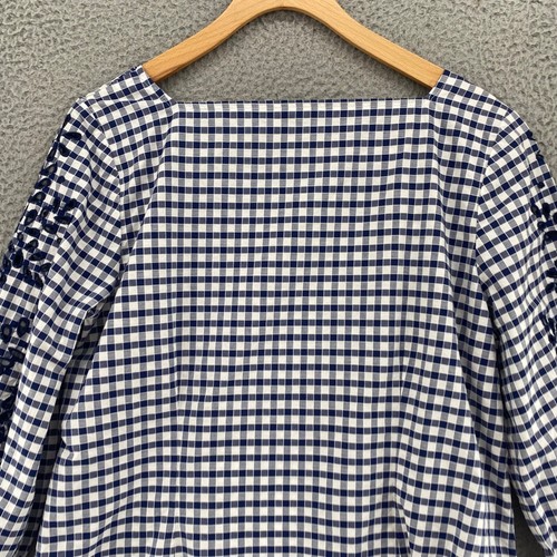 Top Talbots donna L Petite blu bianco occhiello gingham pizzo collo quadrato manica 3/4 - Foto 4 di 11