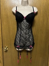 DREAMGIRL size M Lingerie Negligee Lace Underwire Garters Sheer BLACK PINK Z24