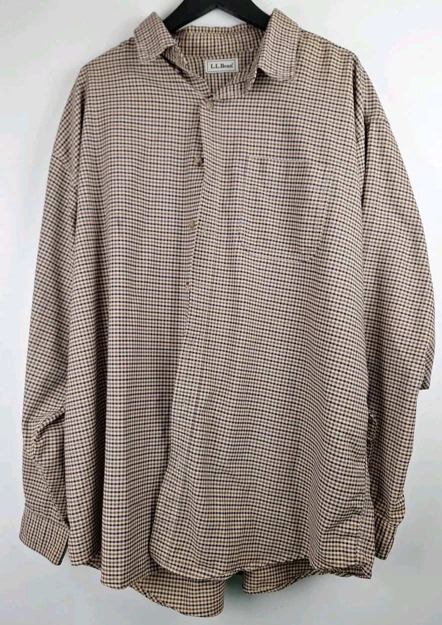 LL Bean Button Shirt Mens Tan Gray Black Flannel Plaid Cotton Outdoor Casual