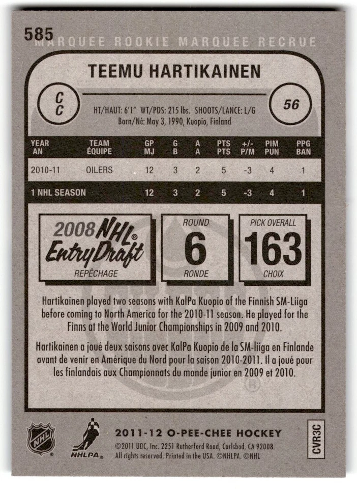 2011-12 O-Pee-Chee Teemu Hartikainen Rookie #585 Edmonton Oilers - Image 2 of 2