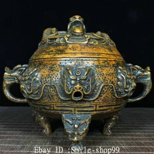 7.4" Old China Pure Bronze Dragon Beast Head Handle 3 leg Incense Burner Censer