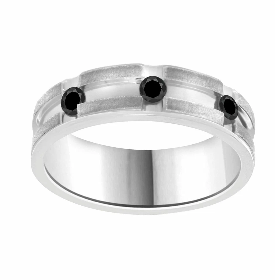 Anillo de boda de diamantes naturales negros redondos de plata de ley 925 de 0,33 quilates para hombre