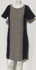 $98 J CREW Navy Blue Ivory Woven Stripe Thick Cotton Knit S/S Shift Dress size 6