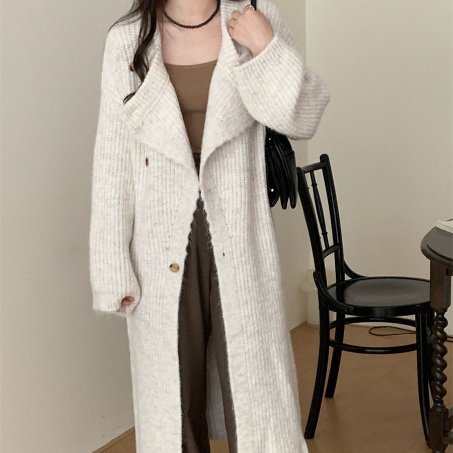 Korean Long Coat Knitted Cardigan Women's Lapel Jacket Sweaters