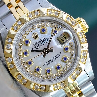 Rolex Datejust 69173 Two-Tone 18KY SS White Sapphire Dial & Pyramid Bezel Watch