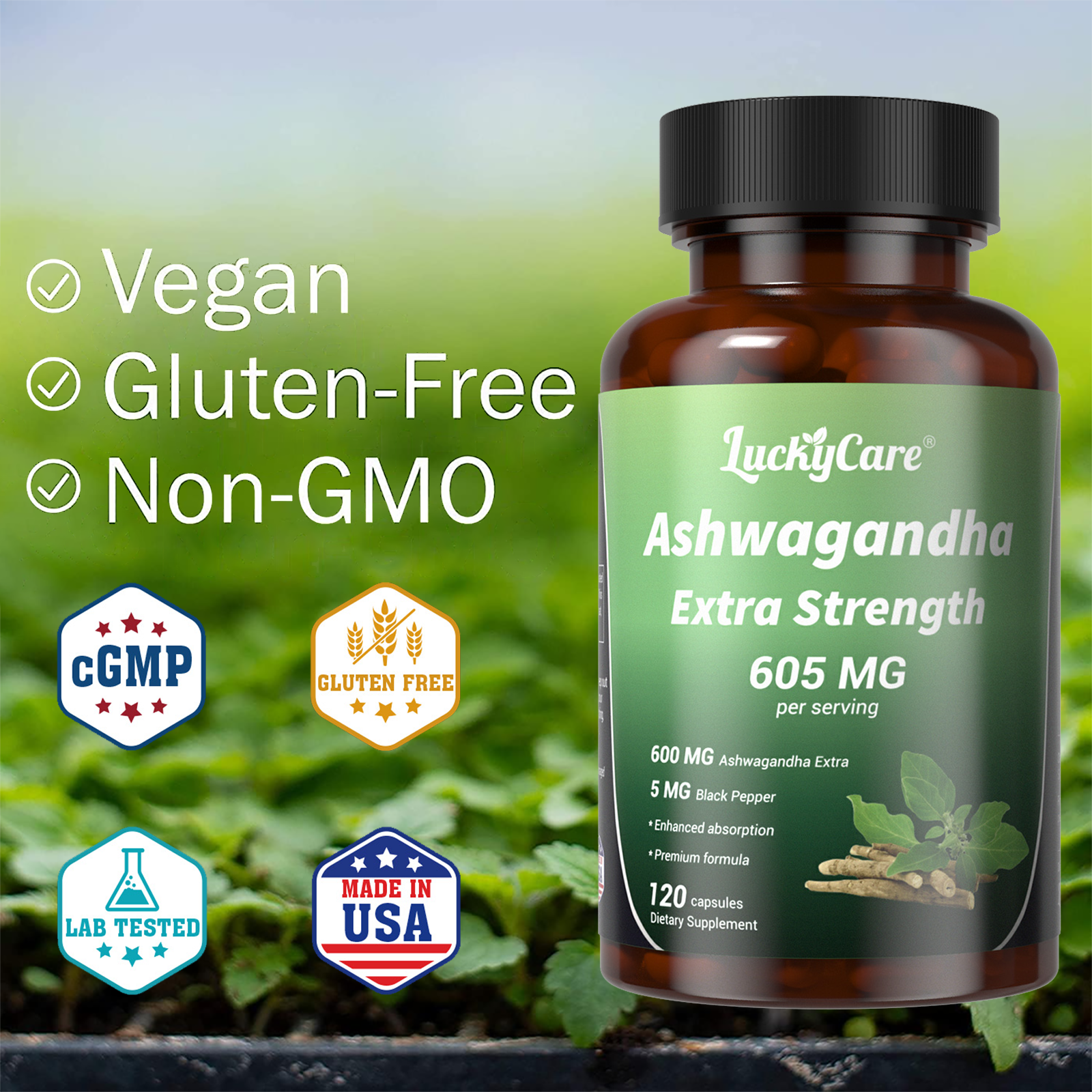 Ashwagandha Orgánica 120caps Lucky Care Extra 605mg con Pedido de Raíz de Pimienta Negra