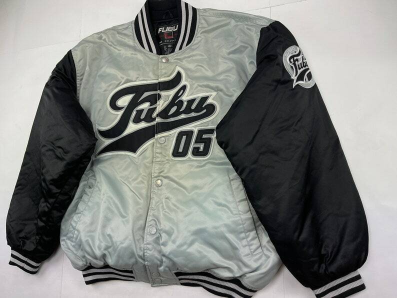 FUBU jacket, gray, vintage college varsity bomber, 90s hip FUBU jacket, gray, vintage college varsity bomber, 90s hip