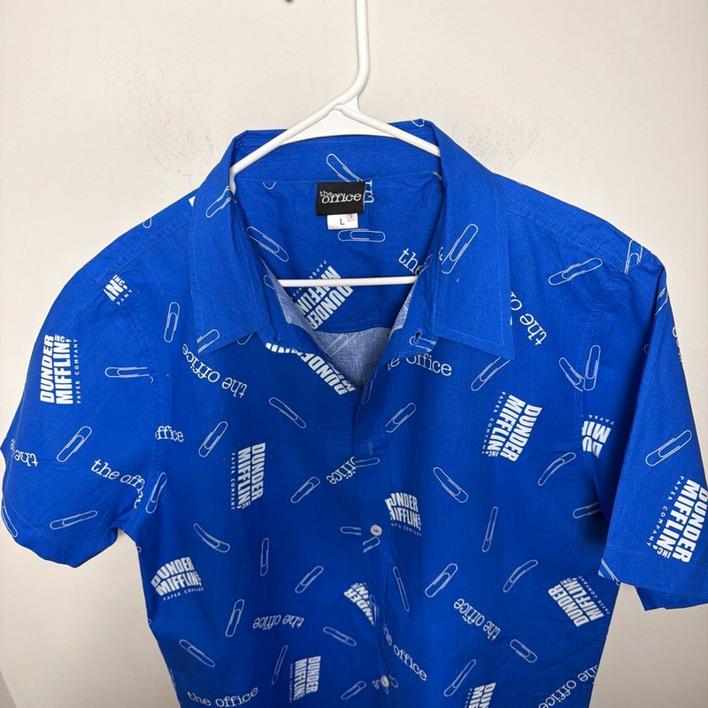 The Office Men's L Blue Graphic Print Short Sleeve Button-Up TV Shirt