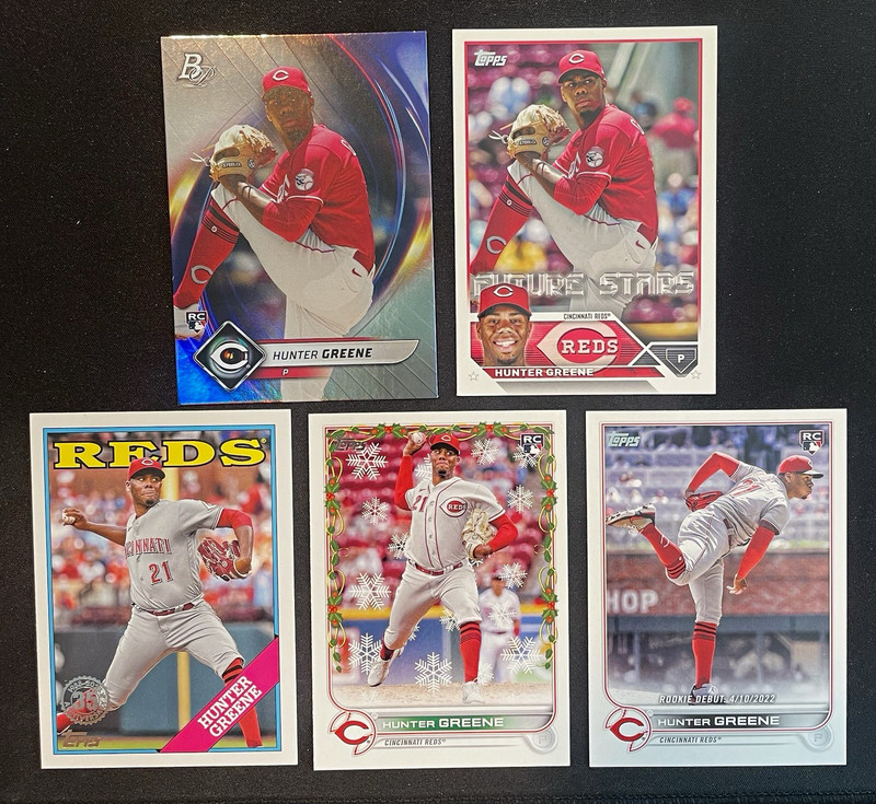 Hunter Greene 5-Card Lot Topps Holiday, Bowman, Rookie RC, Debut Cincinnati Reds