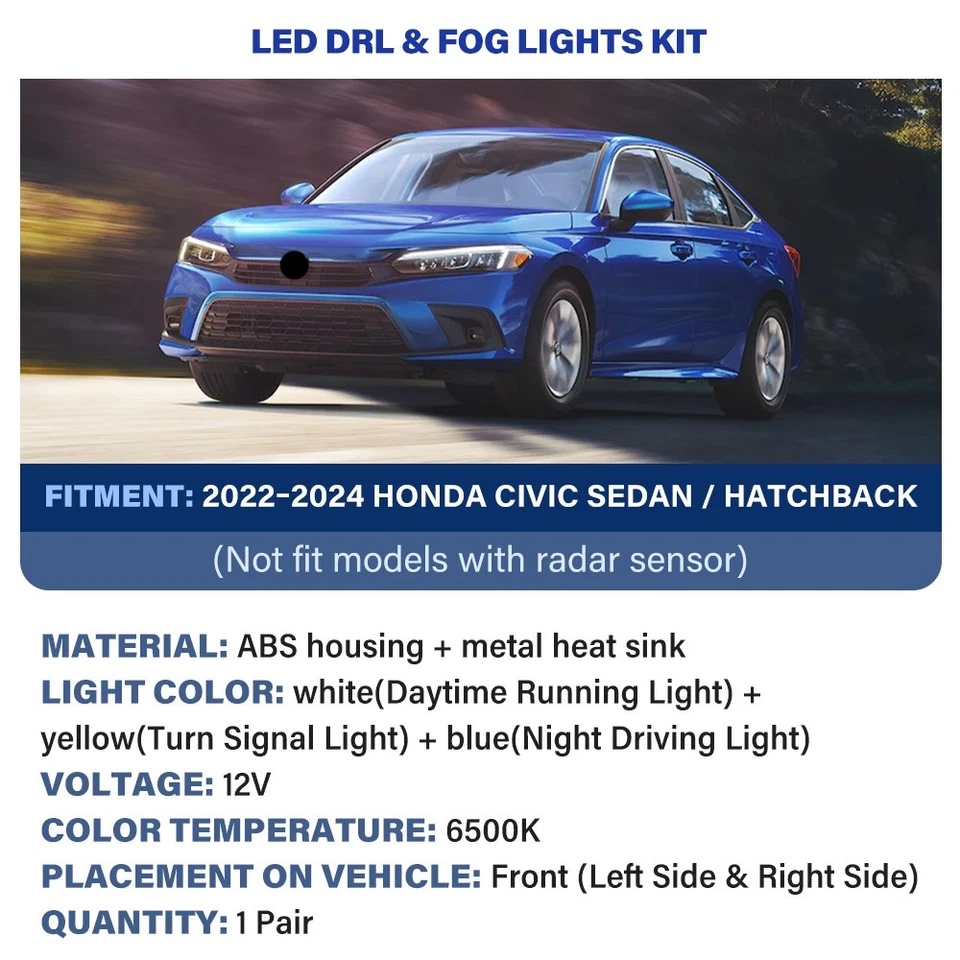 Para 2022 2023 2024 Honda Civic Sedan Hatchback LED DRL de direção e kit de luzes de neblina - Imagem 2 de 4