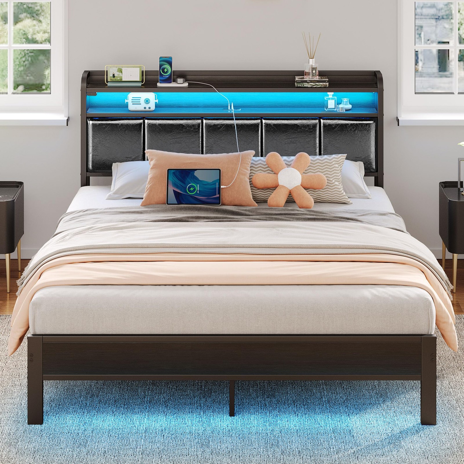 Queen Size With Charging Station And Led Lights, Pu Leather 
