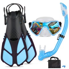 AosDero Kids Snorkeling Set Adjustable Swimming Flippers Panoramic Light Blue