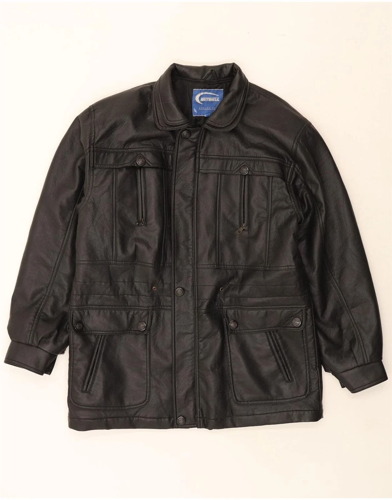 NUTSHELL Mens Faux Leather Windbreaker Jacket UK 40 Large Black Polyvinyl CP01