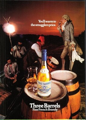 Vintage Reklame für ''DREI FÄSSER'' seltener alter französischer Brandy Original 1975 Print Ad