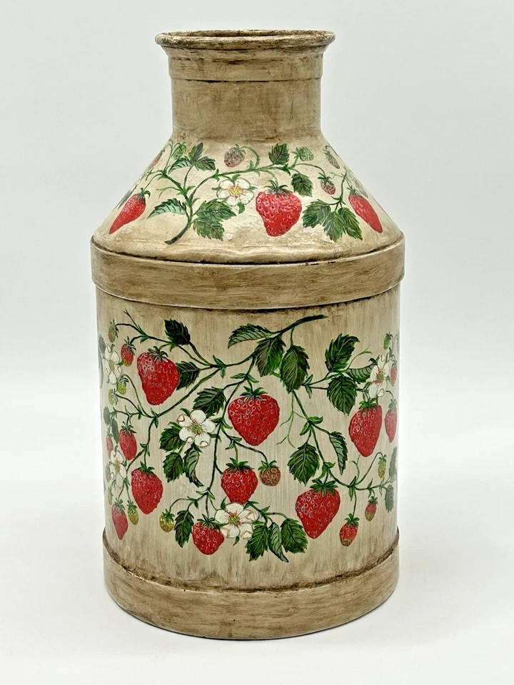 Vintage Metal Fresh Cream Milk Can Hand Painted Signed 14” Strawberries - Image 4 of 4