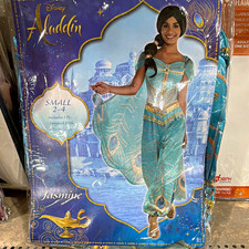 Disney Aladdin Princess Jasmine Jumpsuit Costume Attached Cape adult S Blue/Gold