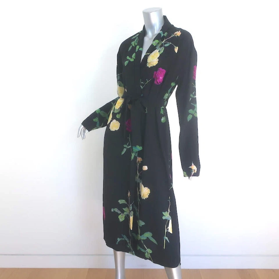 Vestido Kimono Dries Van Noten Denti Cintura Corbata Negro Estampado Floral Seda Talla 38 Foto 2 de 4