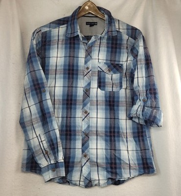 Ocean Current Women Size Medium Button Up Shirt/Blue Plaid/Roll-tab Sleeves