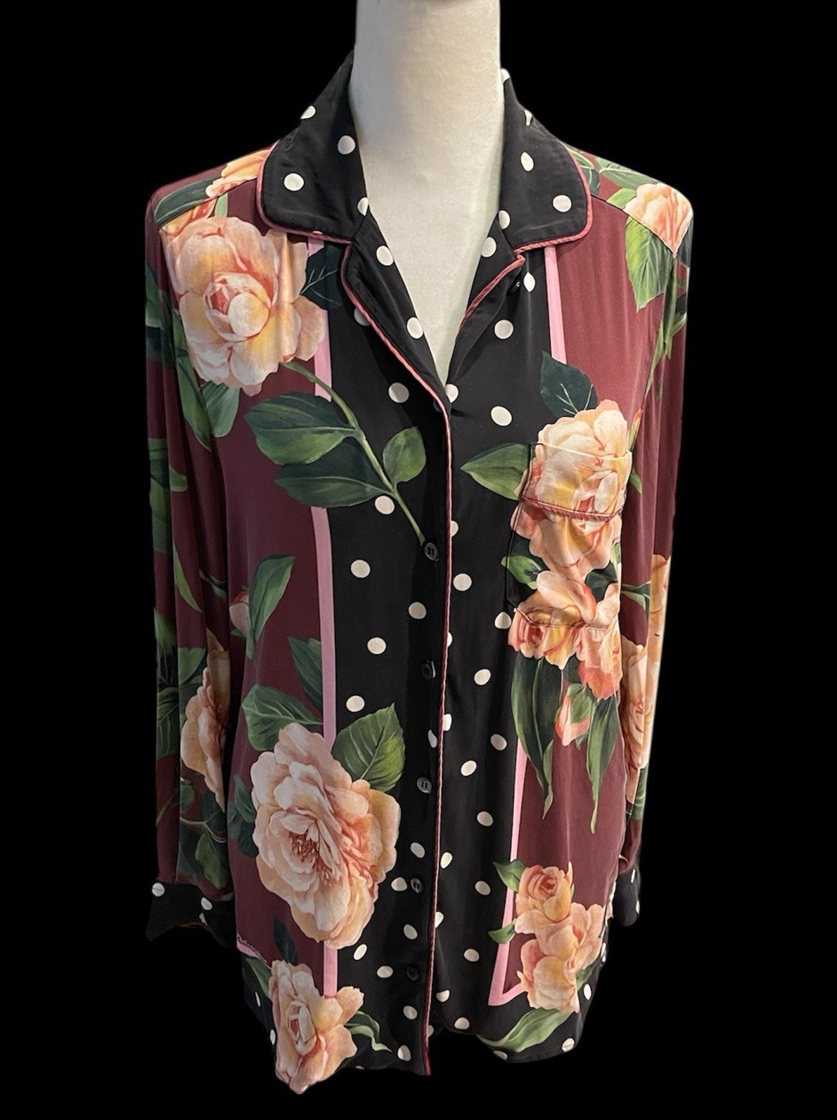 DOLCE & GABBANA Burgundy Camellia Floral Polka Dot $695  Top Blouse Sz XS IT 36