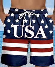 USA Graphic Swim Shorts Men  s Quick Dry Beach Board Shorts S-3XL