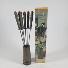 MCM 1970’s Fondue Color Forks Set of 6 Wood Turned Handles & Holder Original Box