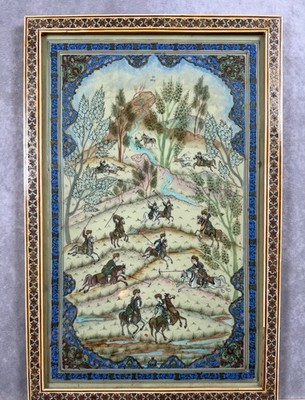 Vintage Persian Miniature Painting Khatam Micro Mosaic Frame Signed 17x11
