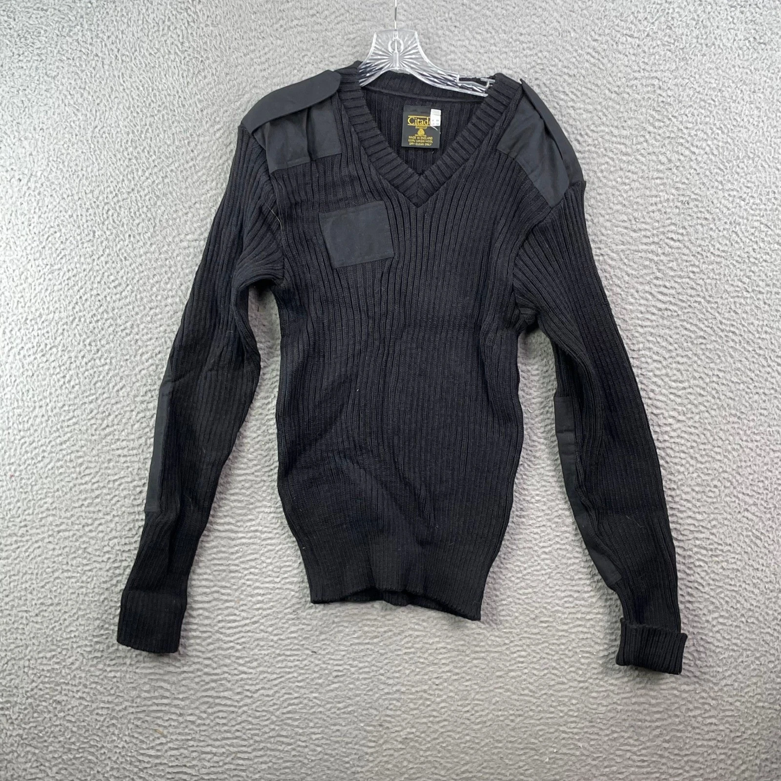 Citadel Commando Sweater Mens 44 Black Wool V-Neck Military Ribbed Patch England