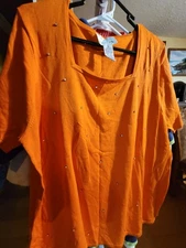 The Quacker Factory 1x Rhinestone Blue Short Sleeve Top Orange