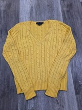 Ralph Lauren Cable Knit V-Neck Sweater Women's M Yellow 100 Cotton