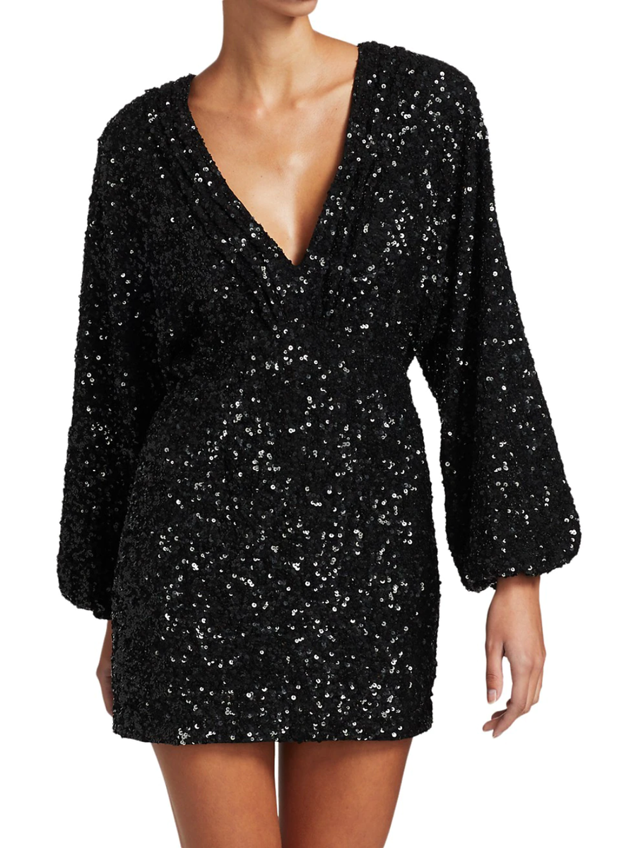 Retrofete Aubrielle Sequin Mini Dress L Black Chiffon Puff Sleeve Party Prom  NWT | eBay