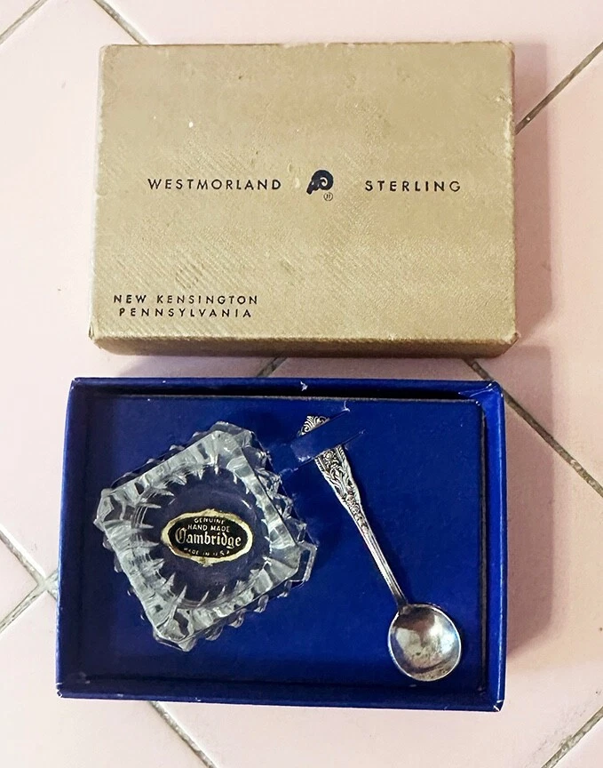 NUEVO Bodega de sal de vidrio Cambridge y cuchara esterlina Westmorland Milburn Rose Foto 2 de 4