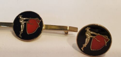 Vintage BULLFIGHTER Cufflinks Tie Pin Red & Black Gold Tone - Picture 3 of 6