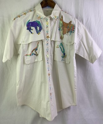 Vintage 90s Hand Painted Horse Button Rodeo Equestrian Western Blouse Top