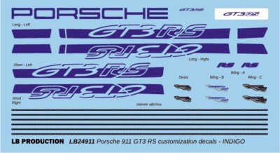 LB Production 1/24 Scale Porsche 911GT3 RS Customisation decal Indigo LB24911idg