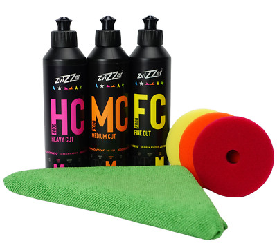 ZviZZer Polierset 3x 75mm Polierpad mit 3x 250ml Polituren Heavy Cut bis Finish