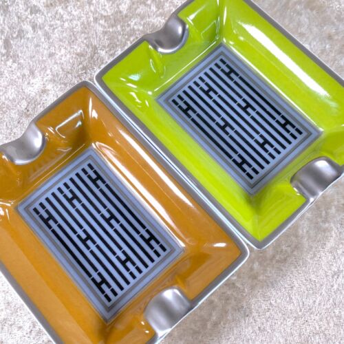 Hermes Porcelain Mini Ashtray Change Tray Green & Brown Platinum Rim Set of 2 - Picture 3 of 14