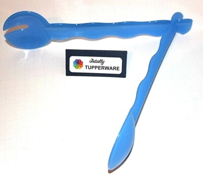 Tupperware Tongs 10'' Salad Serving Spoon & Fork Set Interlocking Blue