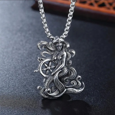 Pirate Mermaid Jewelry Vintage Silver Sexy Goddess Standing Pendant Necklace